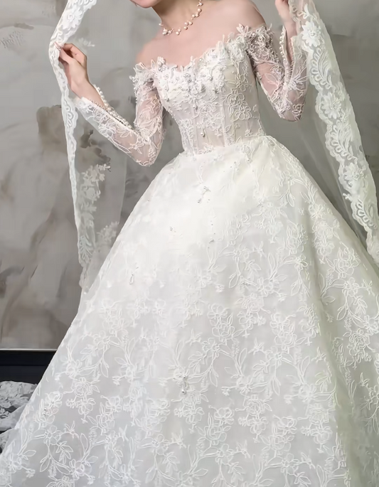 Romantic Off-Shoulder Lace Wedding Dress Long Sleeve Beaded A-Line Bridal Dress GG6486