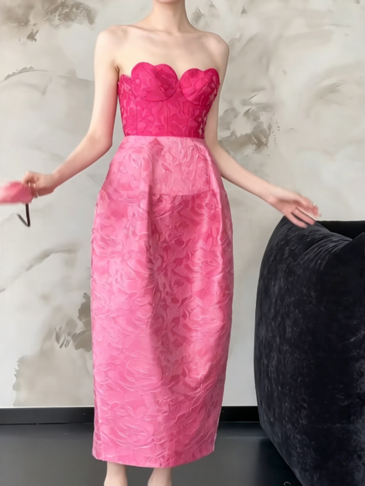 Y2K Strapless Hot Pink Prom Dress Jacquard Sheath Evening Dress GG6487