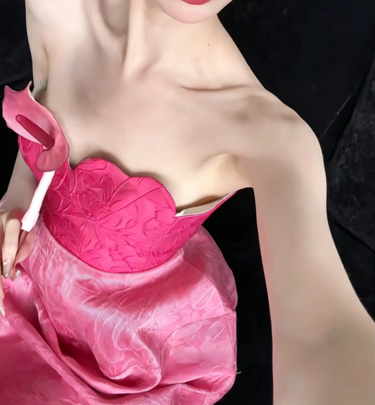 Y2K Strapless Hot Pink Prom Dress Jacquard Sheath Evening Dress GG6487