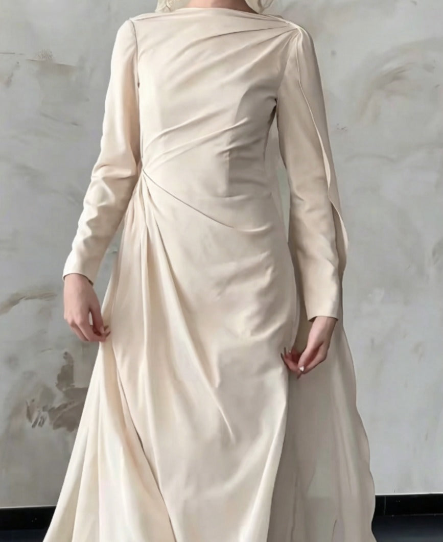 Minimalist Ivory Wedding Dress Long Sleeve Satin A-Line Bridal Dress GG6488