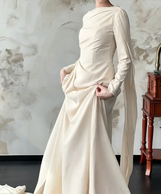 Minimalist Ivory Wedding Dress Long Sleeve Satin A-Line Bridal Dress GG6488