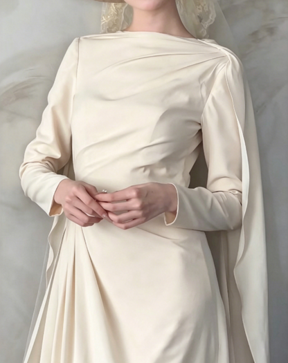 Minimalist Ivory Wedding Dress Long Sleeve Satin A-Line Bridal Dress GG6488