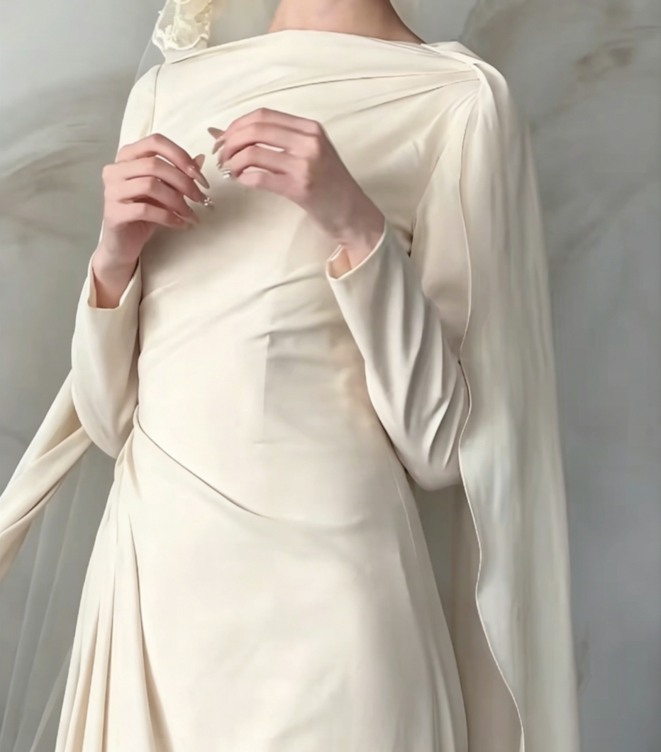 Minimalist Ivory Wedding Dress Long Sleeve Satin A-Line Bridal Dress GG6488