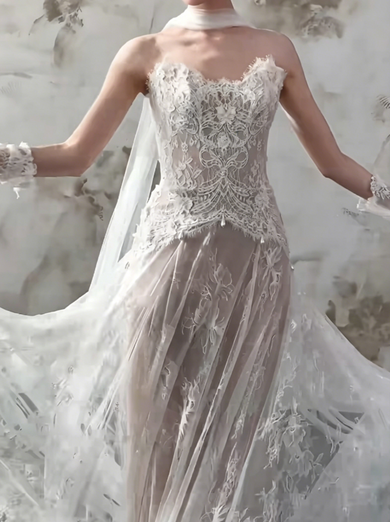 Ethereal Strapless Lace Wedding Dress With Scarf Tulle A-Line Bridal Dress GG6489