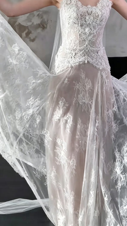 Ethereal Strapless Lace Wedding Dress With Scarf Tulle A-Line Bridal Dress GG6489