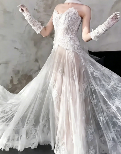 Ethereal Strapless Lace Wedding Dress With Scarf Tulle A-Line Bridal Dress GG6489