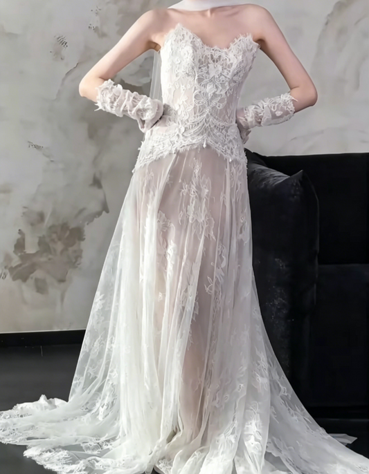 Ethereal Strapless Lace Wedding Dress With Scarf Tulle A-Line Bridal Dress GG6489