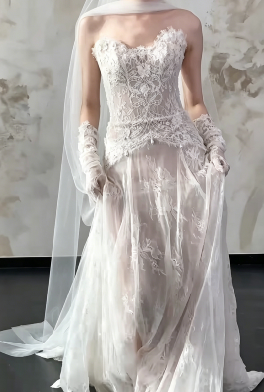 Ethereal Strapless Lace Wedding Dress With Scarf Tulle A-Line Bridal Dress GG6489