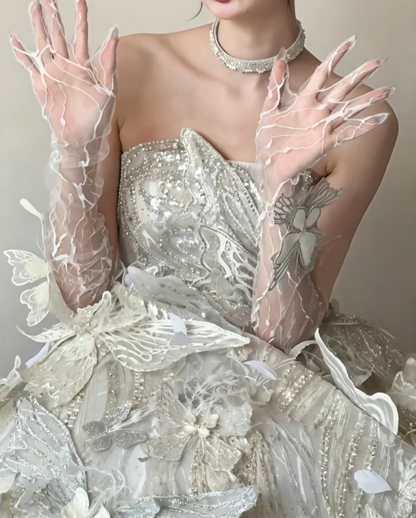 Luxurious Strapless Beaded Wedding Dress Sequins Butterflies A-Line Bridal Dress GG6490