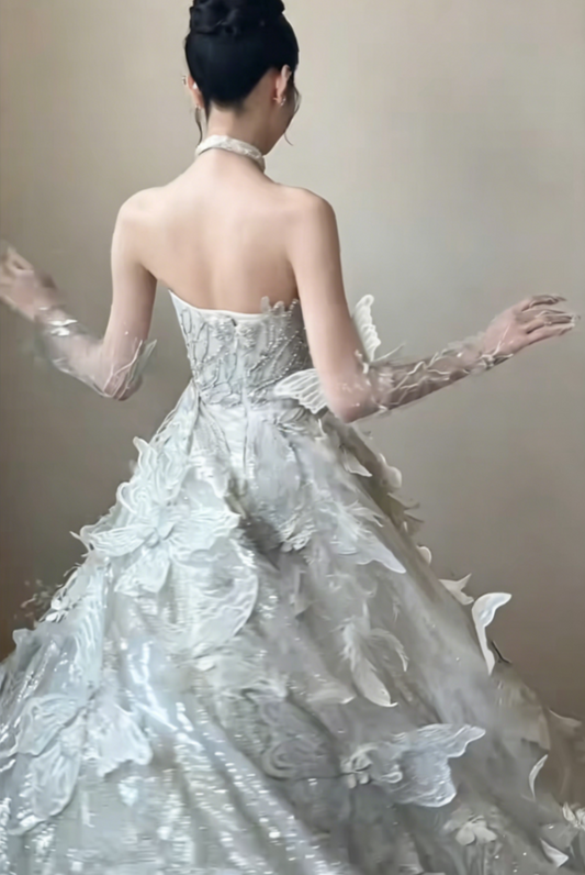 Luxurious Strapless Beaded Wedding Dress Sequins Butterflies A-Line Bridal Dress GG6490
