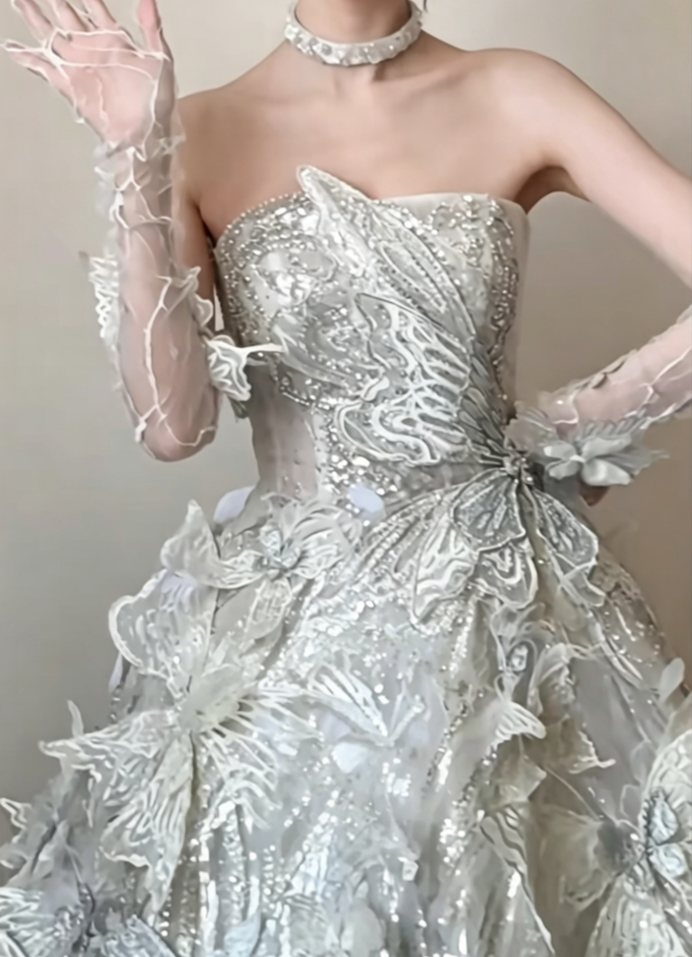 Luxurious Strapless Beaded Wedding Dress Sequins Butterflies A-Line Bridal Dress GG6490