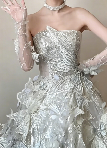 Luxurious Strapless Beaded Wedding Dress Sequins Butterflies A-Line Bridal Dress GG6490