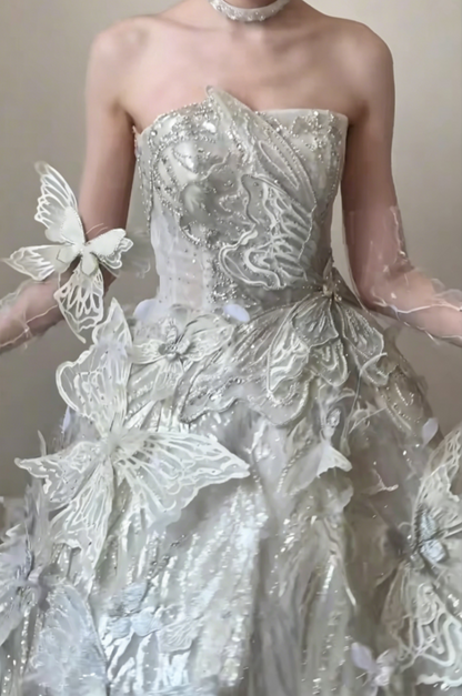 Luxurious Strapless Beaded Wedding Dress Sequins Butterflies A-Line Bridal Dress GG6490