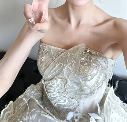Luxurious Strapless Beaded Wedding Dress Sequins Butterflies A-Line Bridal Dress GG6490