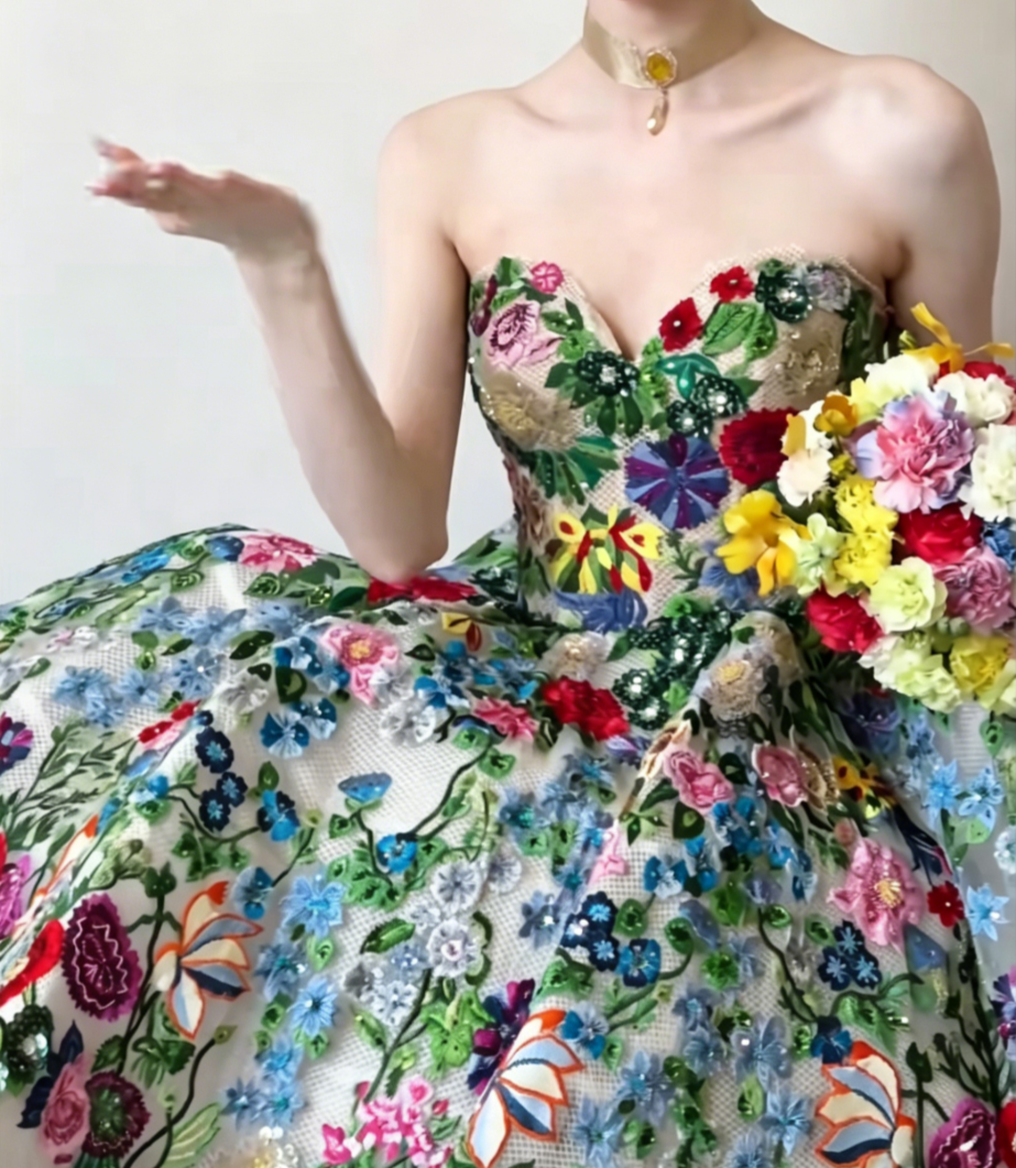 Dreamy Strapless Floral Prom Dress Sequins A-Line Evening Dress GG6491