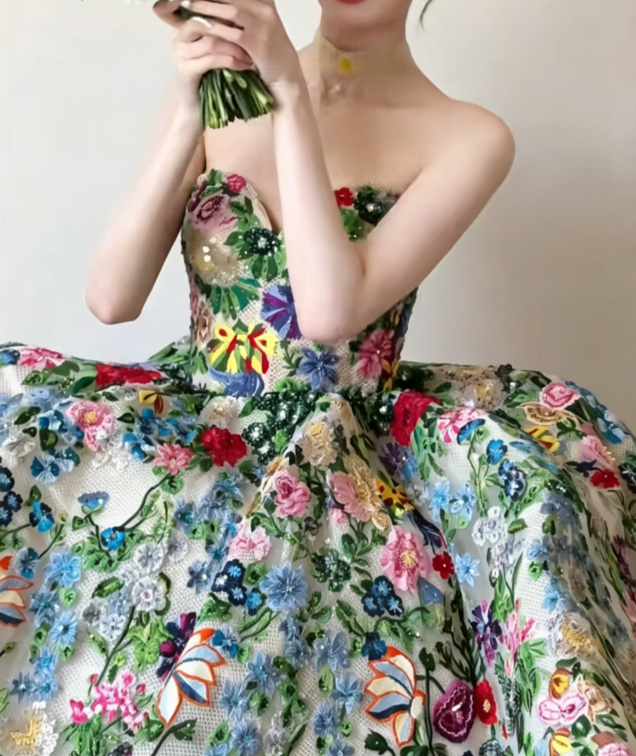 Dreamy Strapless Floral Prom Dress Sequins A-Line Evening Dress GG6491