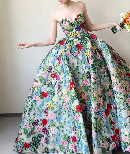 Dreamy Strapless Floral Prom Dress Sequins A-Line Evening Dress GG6491