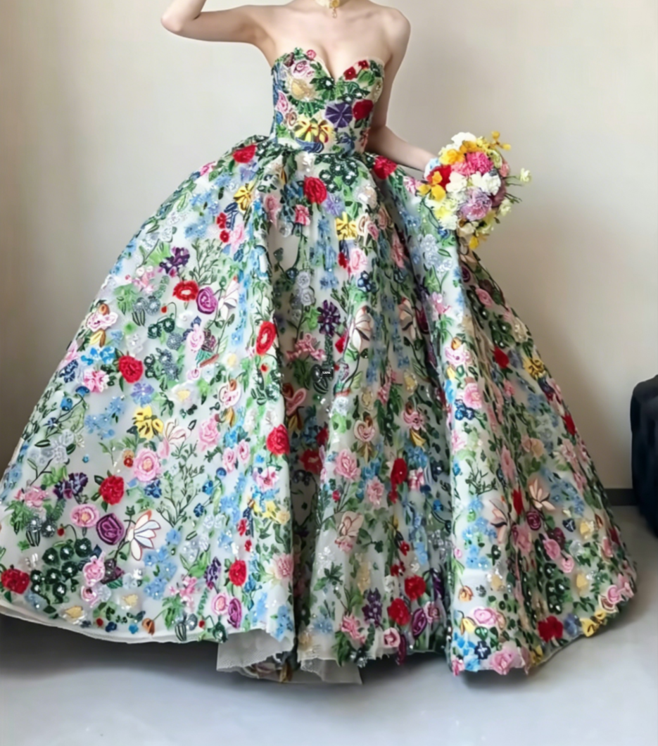 Dreamy Strapless Floral Prom Dress Sequins A-Line Evening Dress GG6491