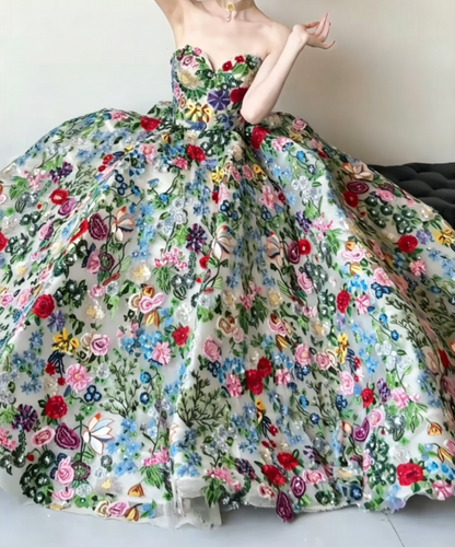 Dreamy Strapless Floral Prom Dress Sequins A-Line Evening Dress GG6491