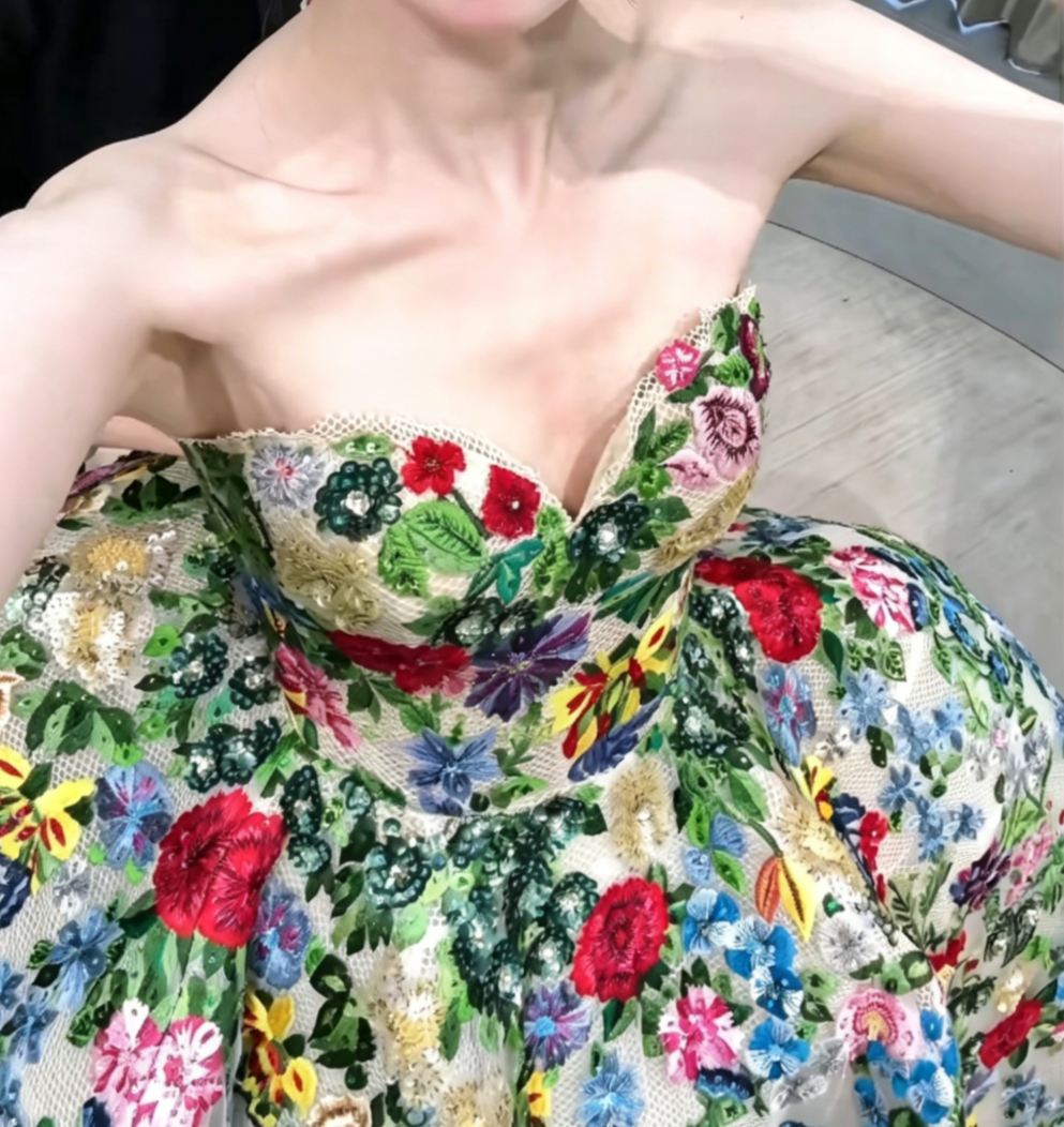 Dreamy Strapless Floral Prom Dress Sequins A-Line Evening Dress GG6491