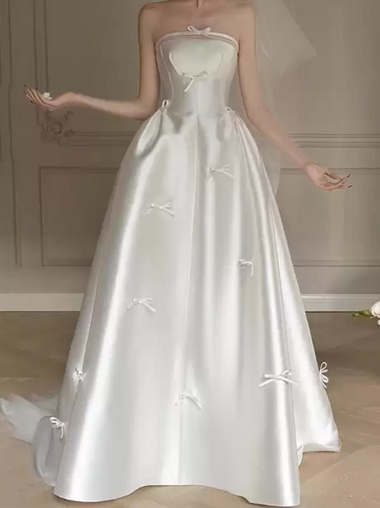 Unique Strapless White Wedding Dress Satin Bows A-Line Bridal Dress GG6492
