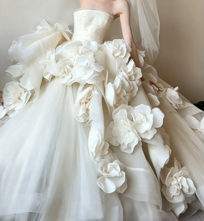 Ornate Strapless Beads Wedding Dress Handmade Flowers A-Line Bridal Dress GG6493