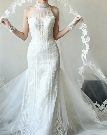 Graceful Halter Neck Wedding Dress Lace Tulle Mermiad Bridal Dress GG6494