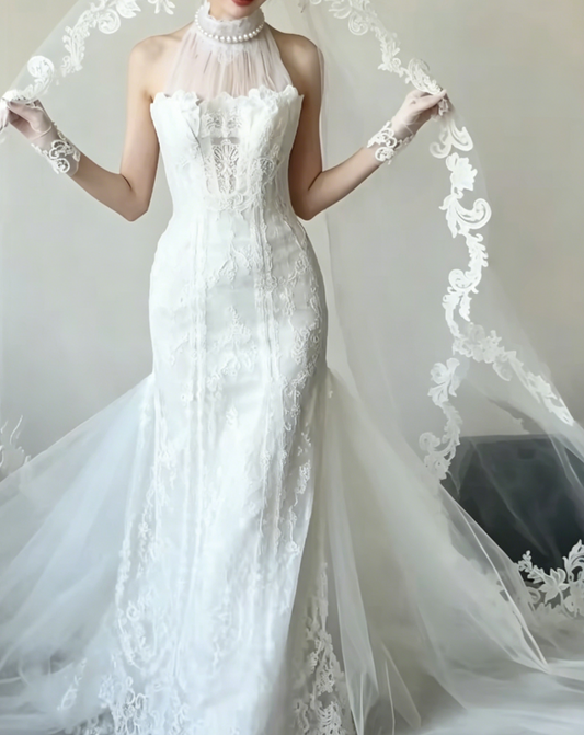 Graceful Halter Neck Wedding Dress Lace Tulle Mermiad Bridal Dress GG6494