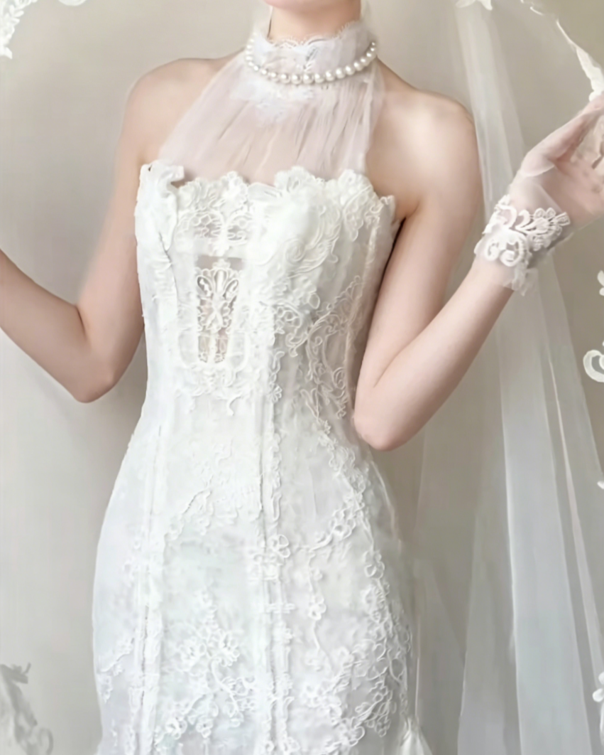 Graceful Halter Neck Wedding Dress Lace Tulle Mermiad Bridal Dress GG6494