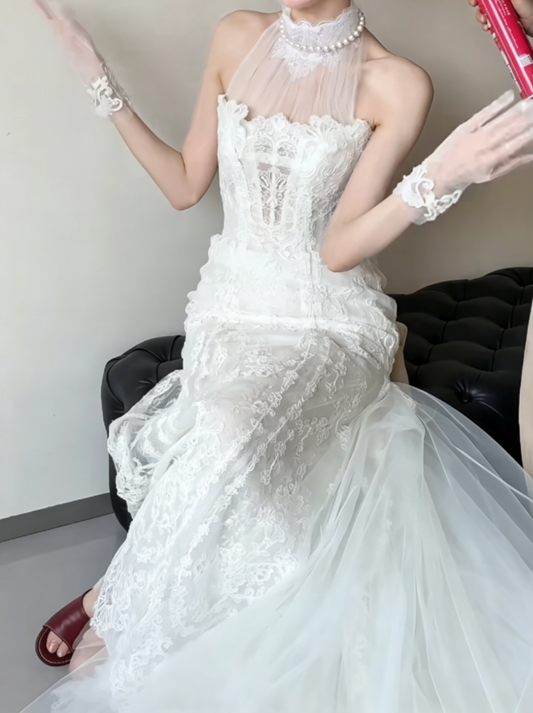 Graceful Halter Neck Wedding Dress Lace Tulle Mermiad Bridal Dress GG6494