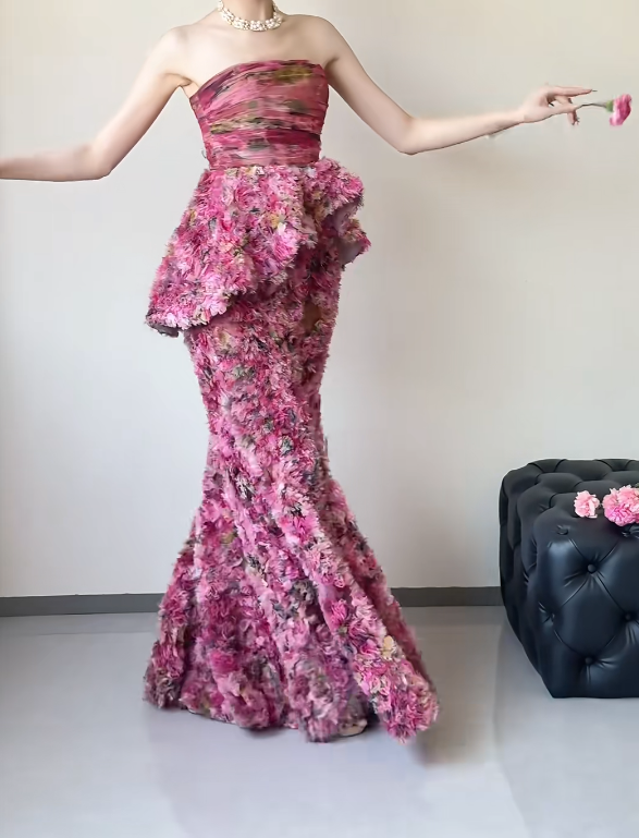 Chic Strapless Ruffles Prom Dress Tiered Floral Evening Dress GG6495