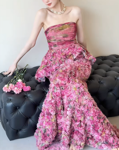 Chic Strapless Ruffles Prom Dress Tiered Floral Evening Dress GG6495