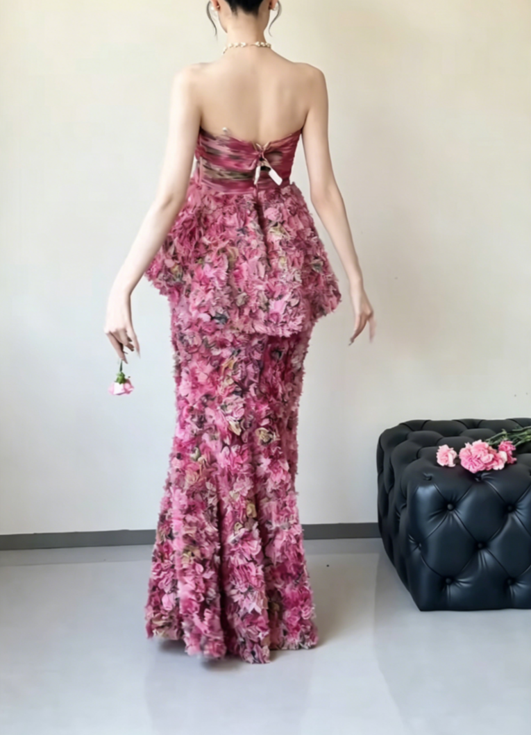 Chic Strapless Ruffles Prom Dress Tiered Floral Evening Dress GG6495