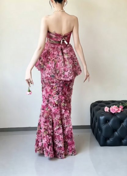 Chic Strapless Ruffles Prom Dress Tiered Floral Evening Dress GG6495