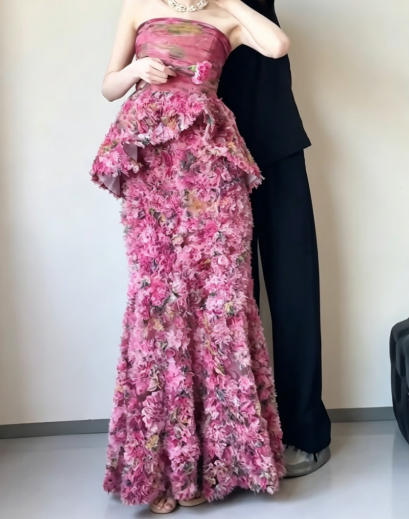 Chic Strapless Ruffles Prom Dress Tiered Floral Evening Dress GG6495