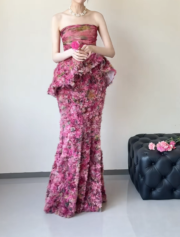 Chic Strapless Ruffles Prom Dress Tiered Floral Evening Dress GG6495