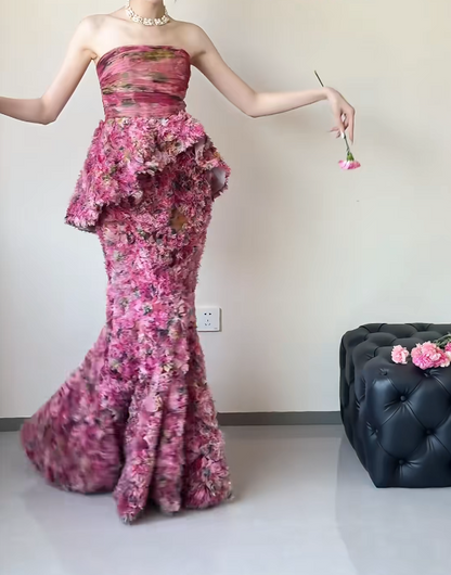Chic Strapless Ruffles Prom Dress Tiered Floral Evening Dress GG6495