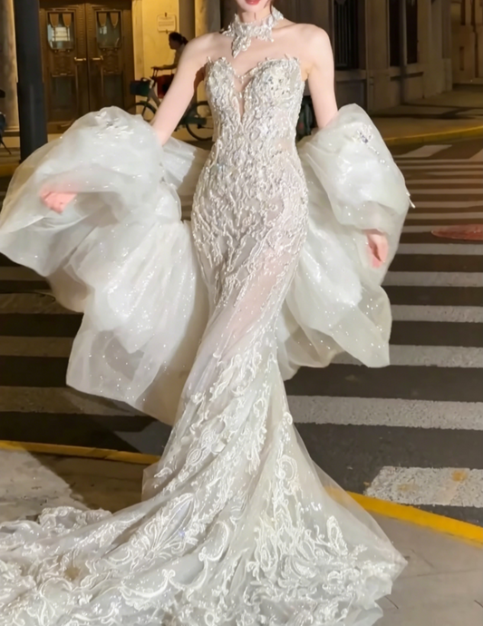 Playful Halter Neck Beaded Wedding Dress Sequins Mermiad Bridal Dress GG6496