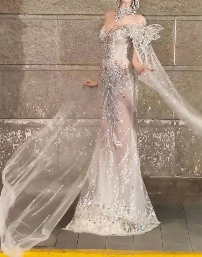 Luxurious Illusion Neck Beaded Wedding Dress Rhinestones Sequins Mermiad Bridal Dress GG6497