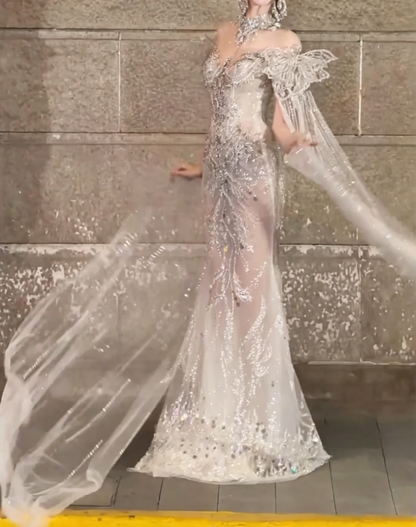 Luxurious Illusion Neck Beaded Wedding Dress Rhinestones Sequins Mermiad Bridal Dress GG6497