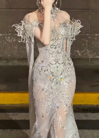 Luxurious Illusion Neck Beaded Wedding Dress Rhinestones Sequins Mermiad Bridal Dress GG6497