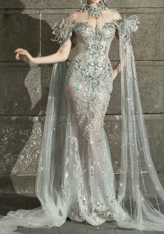 Luxurious Illusion Neck Beaded Wedding Dress Rhinestones Sequins Mermiad Bridal Dress GG6497