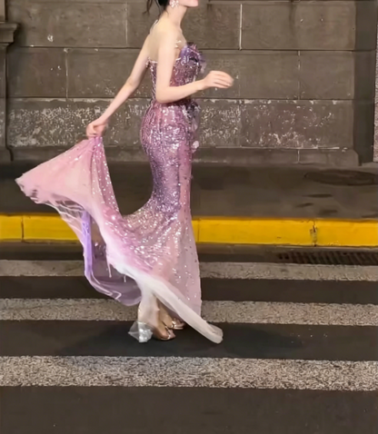 Glam Illusion Neck Purple Prom Dress Appliques Beaded Mermaid Evening Dress GG6498