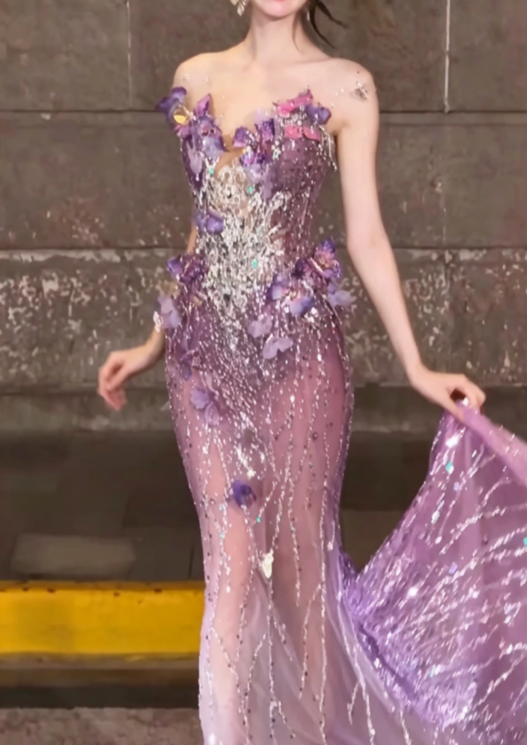 Glam Illusion Neck Purple Prom Dress Appliques Beaded Mermaid Evening Dress GG6498