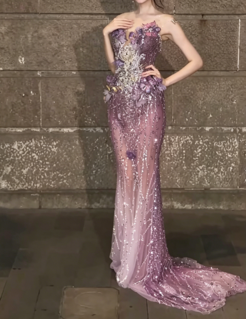 Glam Illusion Neck Purple Prom Dress Appliques Beaded Mermaid Evening Dress GG6498