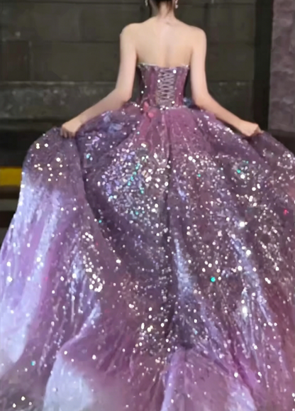 Glam Illusion Neck Purple Prom Dress Appliques Beaded Mermaid Evening Dress GG6498
