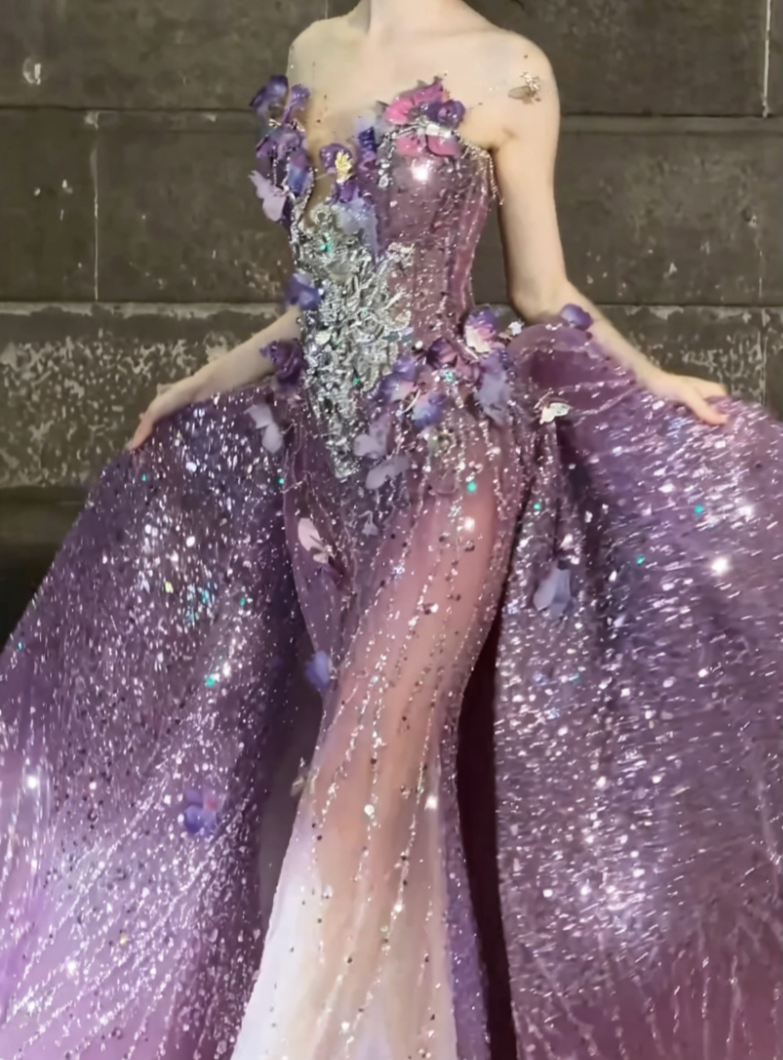 Glam Illusion Neck Purple Prom Dress Appliques Beaded Mermaid Evening Dress GG6498