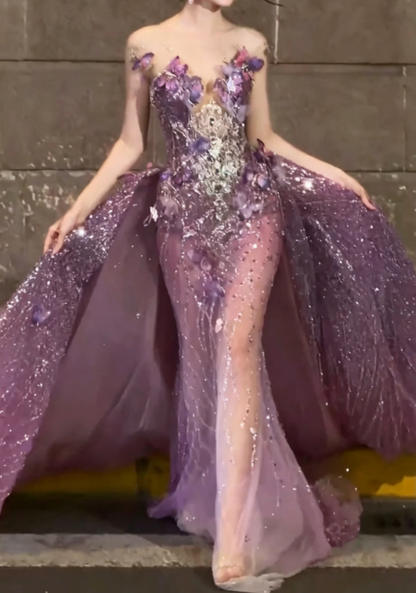 Glam Illusion Neck Purple Prom Dress Appliques Beaded Mermaid Evening Dress GG6498