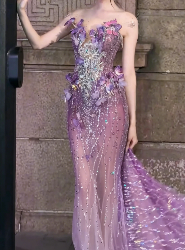 Glam Illusion Neck Purple Prom Dress Appliques Beaded Mermaid Evening Dress GG6498
