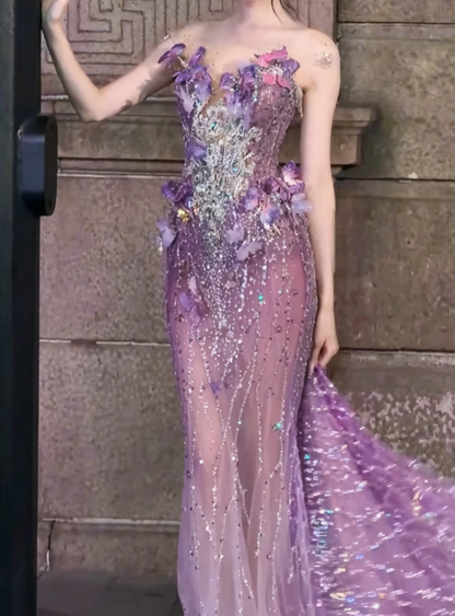 Glam Illusion Neck Purple Prom Dress Appliques Beaded Mermaid Evening Dress GG6498